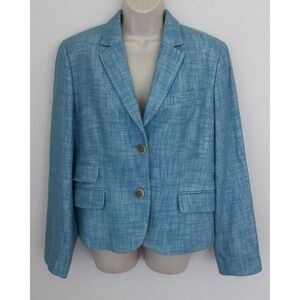 Talbots Blazer Jacket Size 12 Blue Tweed Textured 2 Button Linen Blend Classic